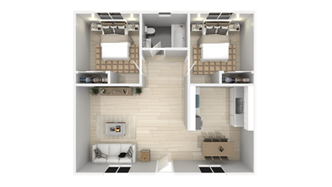 a rendering of a 3d floor plan of a house  at The Marq Apartments LLC, Los Angeles, California